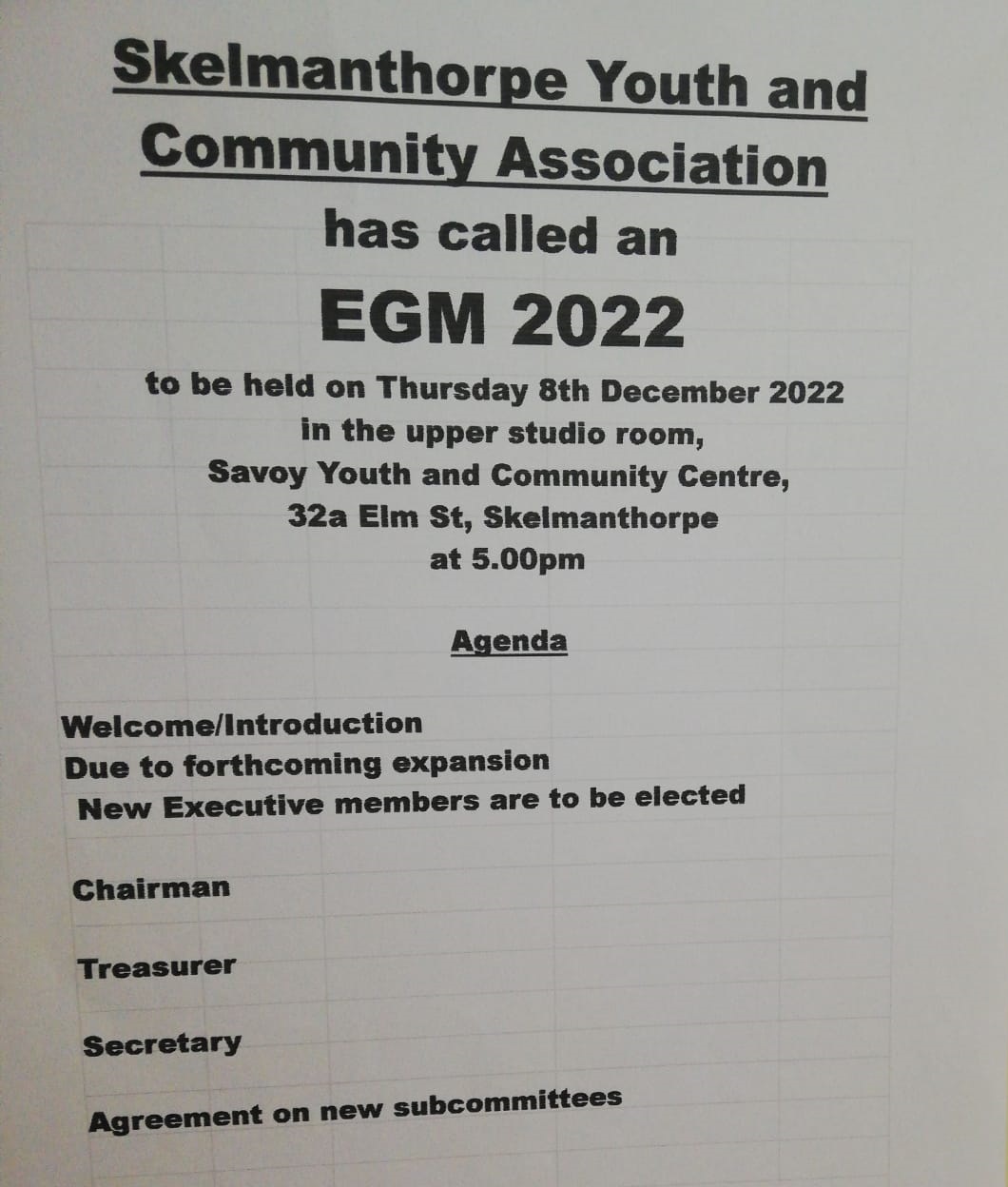 Extraordinary General Meeting of Skelmanthorpe Youth and Community Association