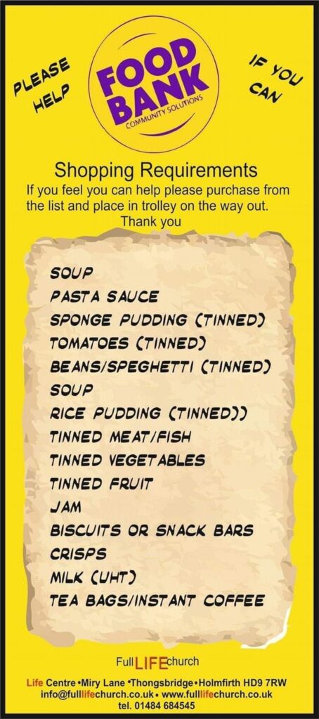 Thongsbridge Food Bank – Full Life Circle Church Shopping Requirements