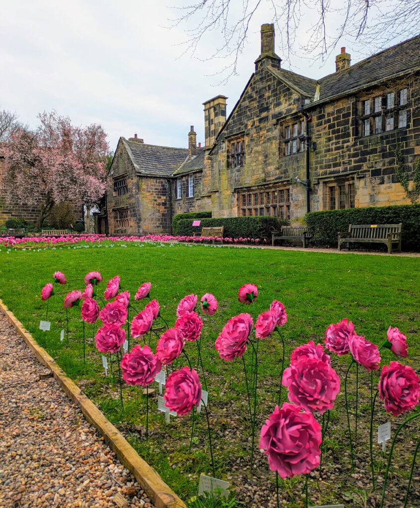handmade and hand-painted metal pink peonies at Oakwell Hall