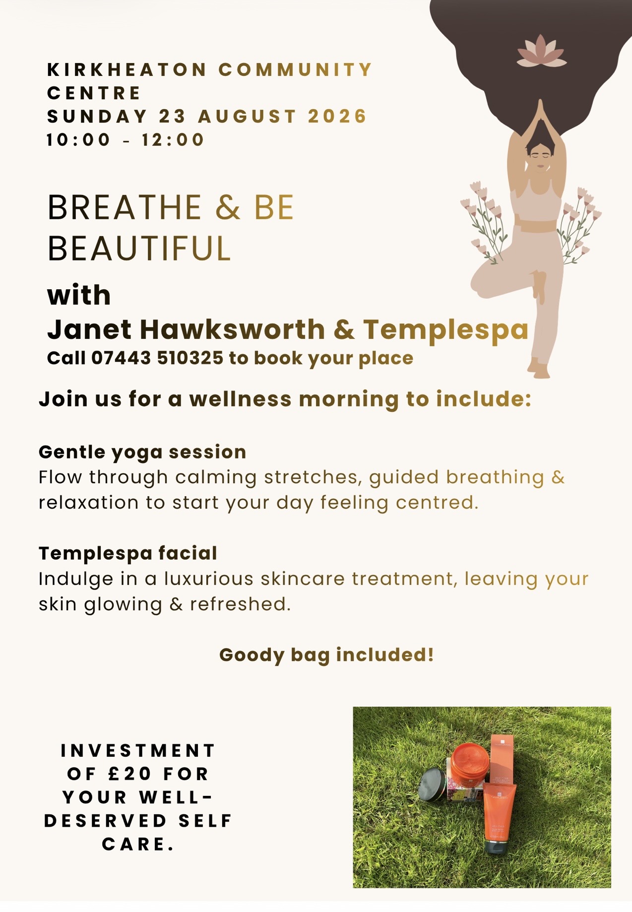 Gentle yoga breathe awareness and relaxation followed by a Templespa facial